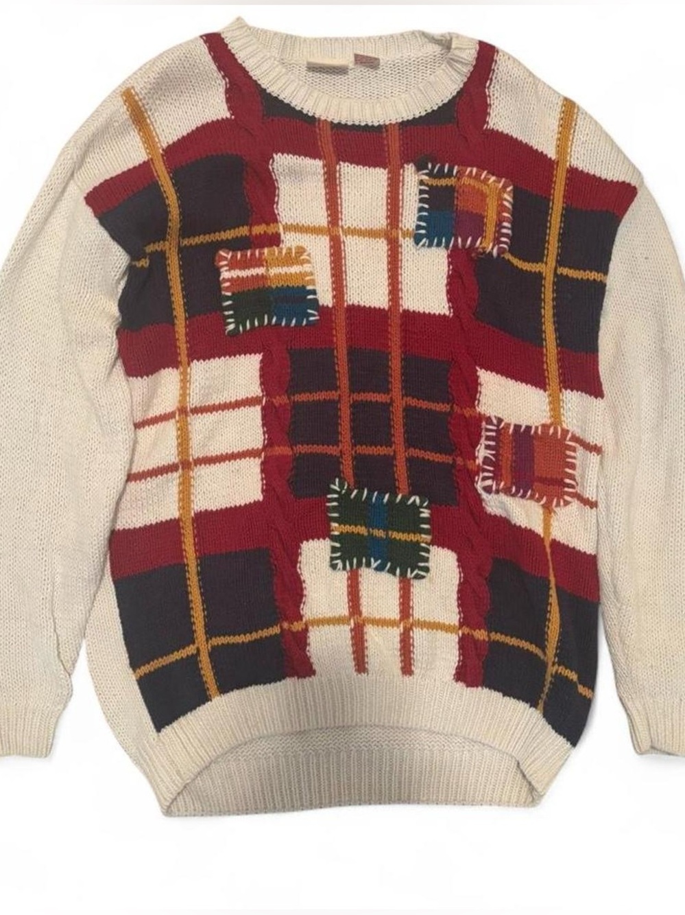 Vintage Huntington ridge Cream Plaid Crewneck Sweater with colorful Patchwork